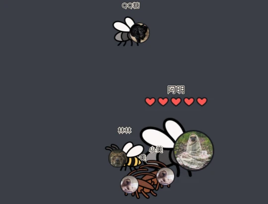 遊戲畫面,怪身上貼著送禮觀眾的頭像,上面是名字