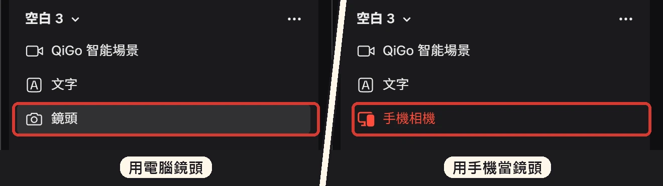 左右兩張用斜線隔開:左邊用電腦鏡頭,清單裡框出鏡頭;右邊用手機當鏡頭,清單裡框出手機相機