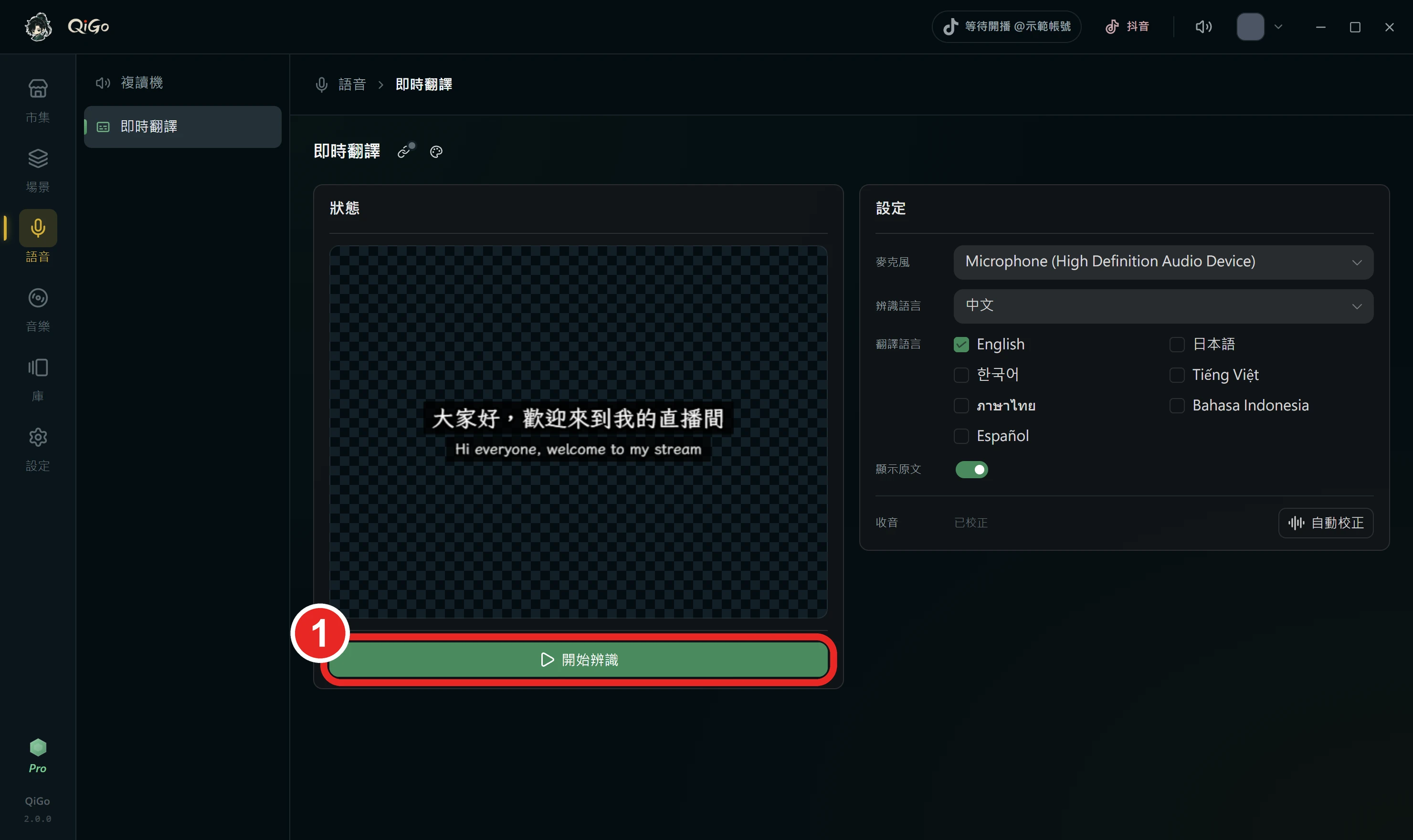 即時翻譯頁有字幕預覽，框出 1 開始辨識