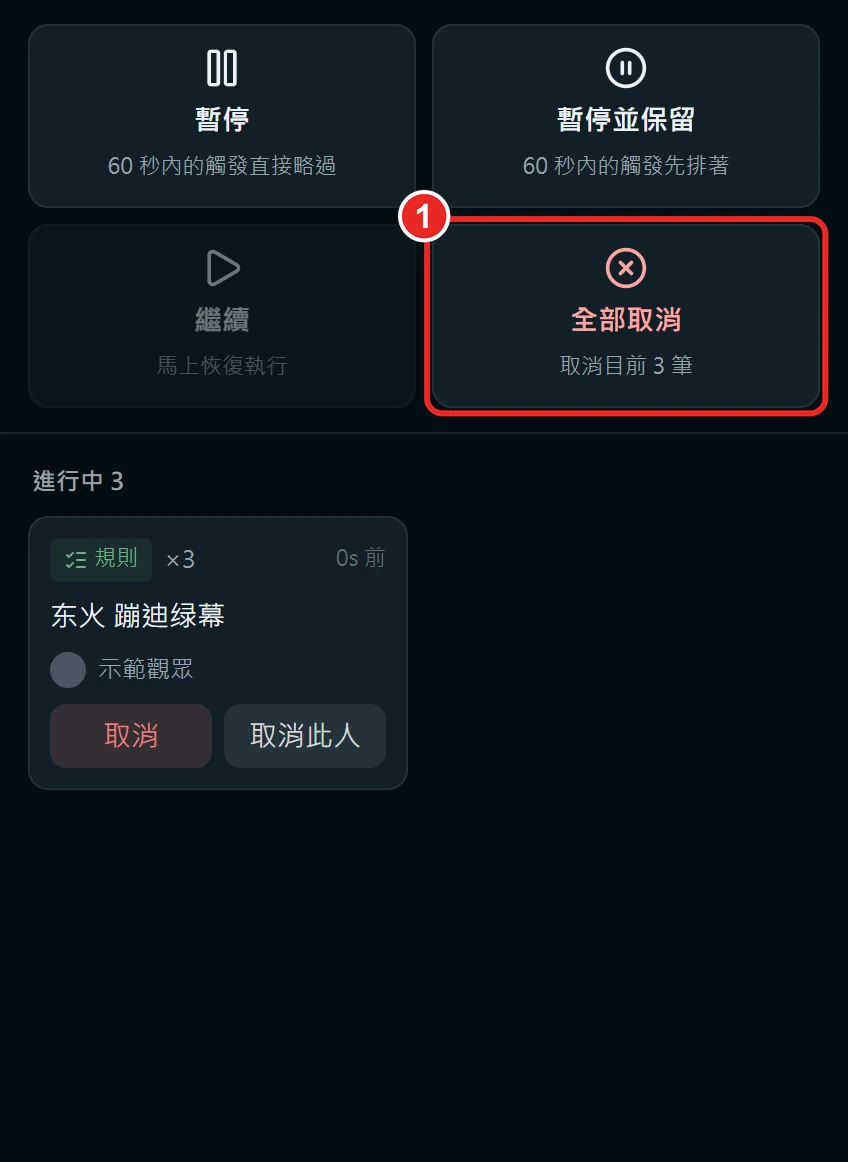 排隊看板上方四個大按鈕，框出 1 全部取消