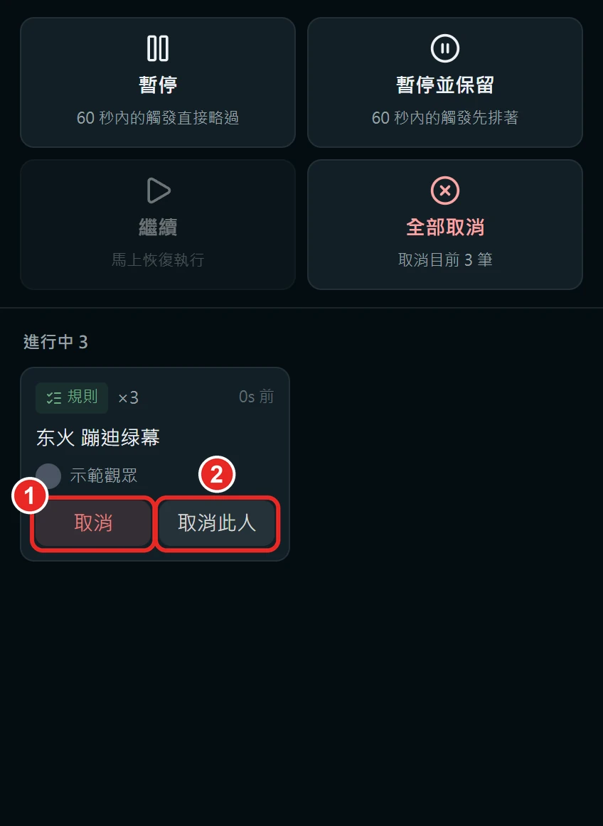 排隊看板下方進行中的格子，每格有效果名稱、觀眾頭像與暱稱