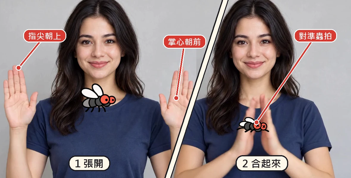 左右兩張用斜線隔開:左邊 1 張開,指尖朝上、掌心朝前,蒼蠅在兩手中間;右邊 2 合起來,對準蒼蠅拍下去,蒼蠅被拍死
